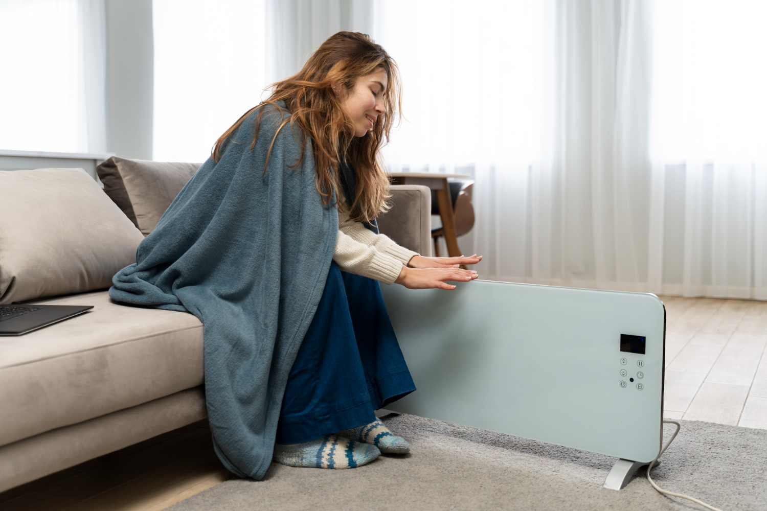 woman cold at home while using heating system